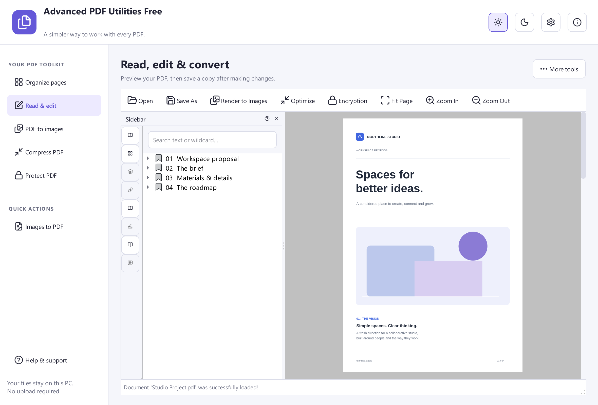 Advanced PDF Utilities Free displaying a sample document in its Read and edit workspace