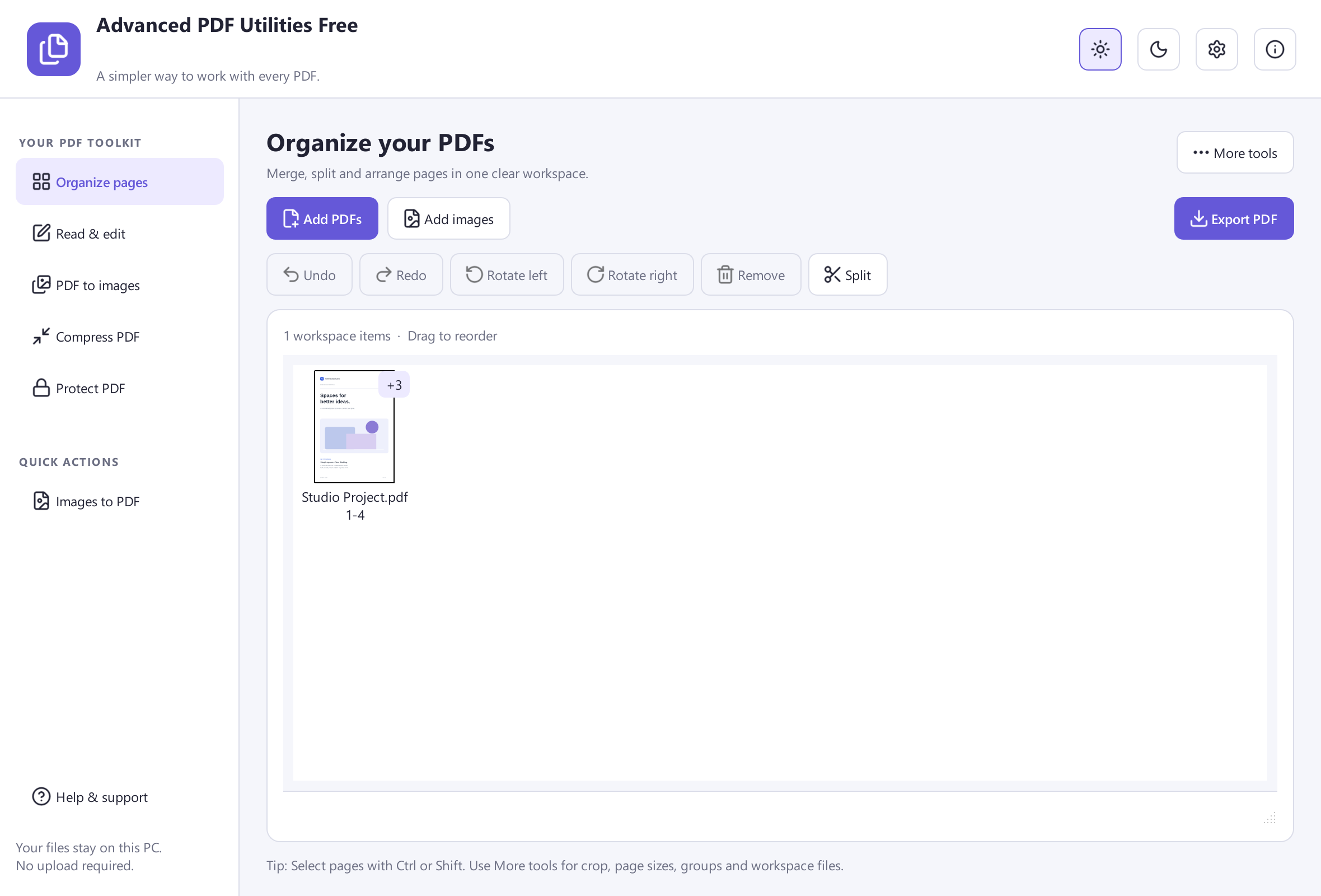 Advanced PDF Utilities Free showing a four-page sample document in Organize pages